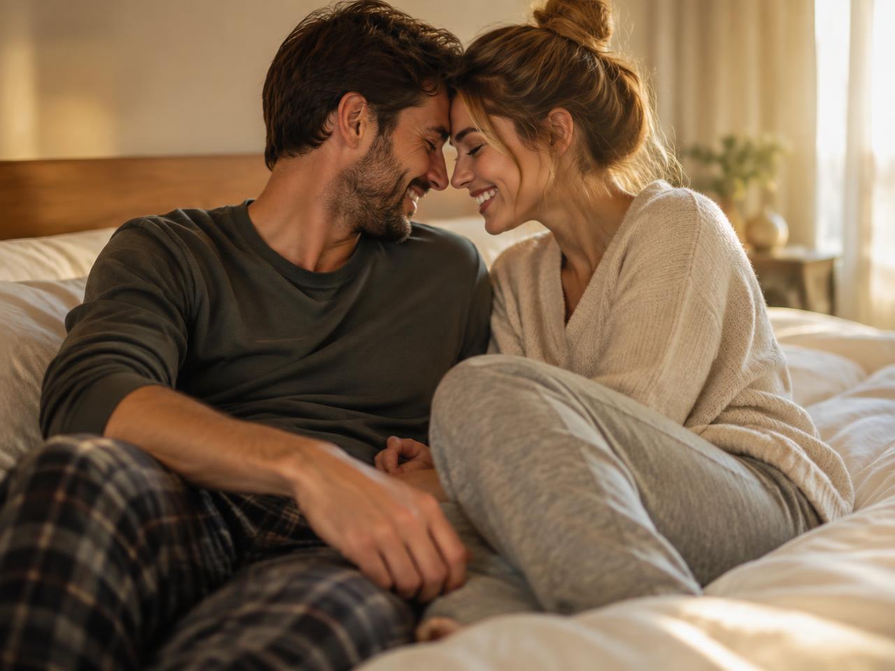 Couple relaxing together on a bed in warm morning light
