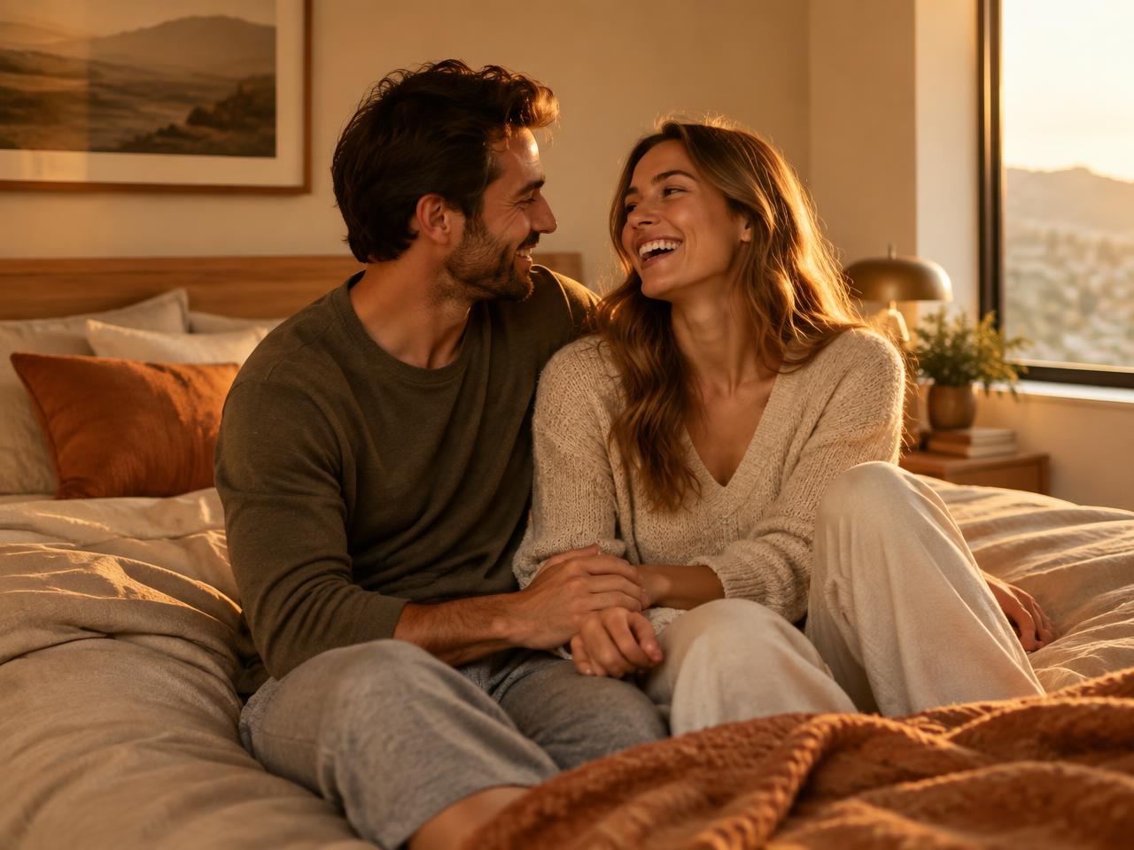 Couple sitting close together on a bed at sunset, laughing